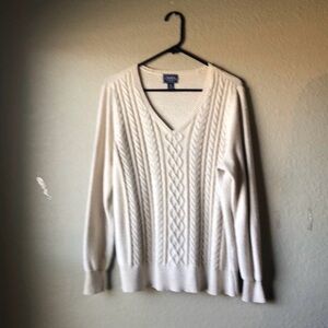 Chaps Sweater Women’s Ivory With Gold Sparkles V-Neck Casual Cable Knit Size 1X